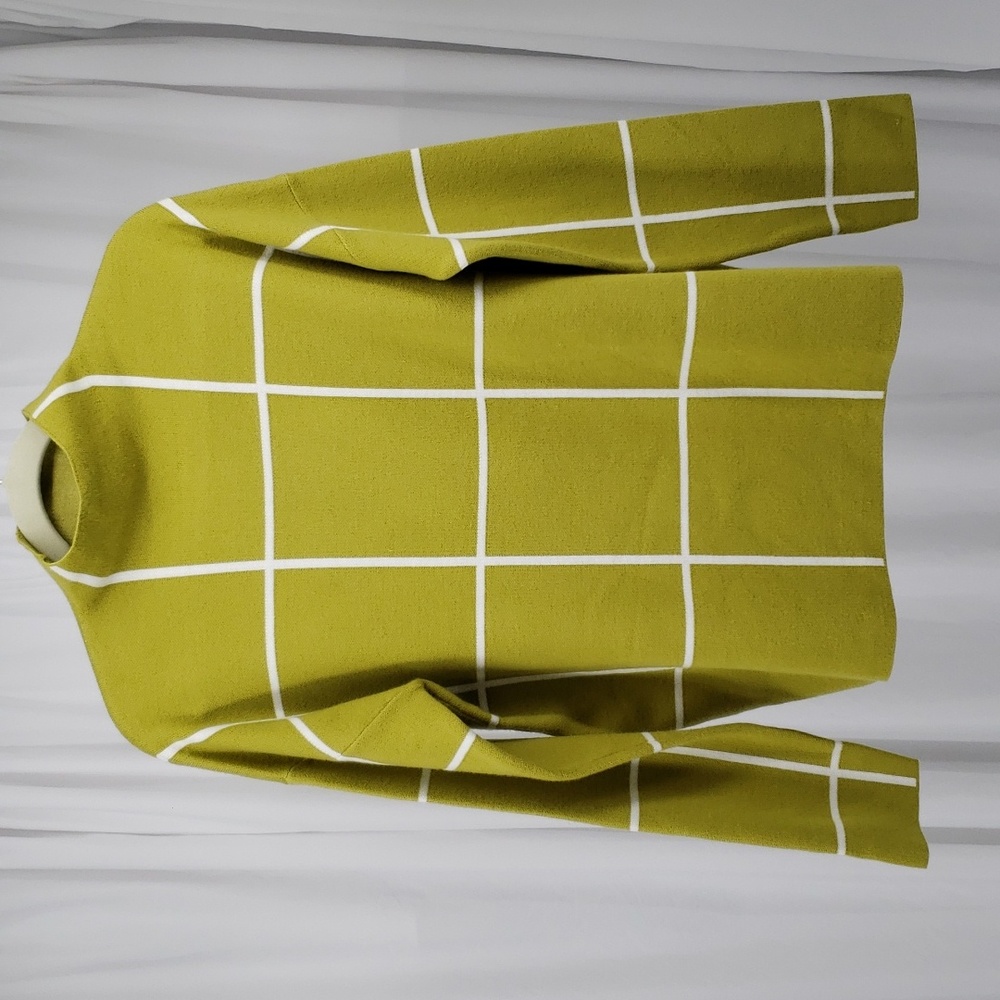Tahari Window Payne Lime Green Cream Long-Sleeve Sweater Mock Neckline Large